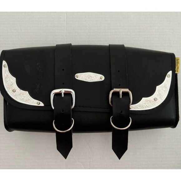 WILLIE & MAX Saddlebags Motorcycle Black Leather Silver Legend Tool Bag - Picture 1 of 6